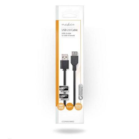 USB kábel | USB 2.0 | USB-A Dugasz | USB-A Aljzat | 480 Mbps | Nikkelezett | 0.20 m | Kerek | PVC | Fekete | Boríték