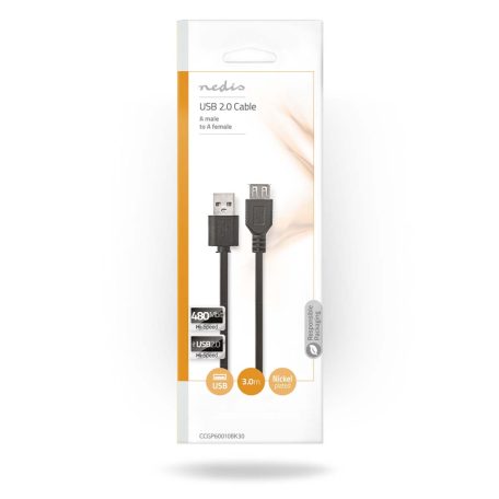USB kábel | USB 2.0 | USB-A Dugasz | USB-A Aljzat | 480 Mbps | Nikkelezett | 3.00 m | Kerek | PVC | Fekete | Boríték