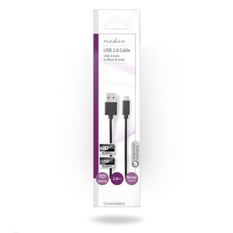 USB kábel | USB 2.0 | USB-A Dugasz | USB Micro-B Dugasz | 11 W | 480 Mbps | Nikkelezett | 2.00 m | Kerek | PVC | Fekete | Boríték