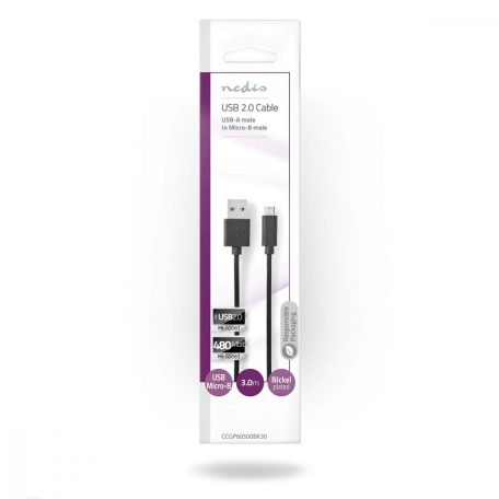 USB kábel | USB 2.0 | USB-A Dugasz | USB Micro-B Dugasz | 10 W | 480 Mbps | Nikkelezett | 3.00 m | Kerek | PVC | Fekete | Műanyag Zacskó