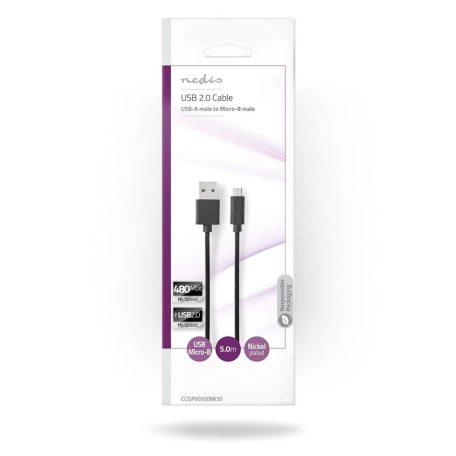 USB kábel | USB 2.0 | USB-A Dugasz | USB Micro-B Dugasz | 9 W | 480 Mbps | Nikkelezett | 5.00 m | Kerek | PVC | Fekete | Boríték