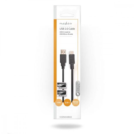 USB kábel | USB 2.0 | USB-A Dugasz | USB Micro-B Dugasz | 480 Mbps | Nikkelezett | 2.00 m | Tekercselt | PVC | Fekete | Boríték