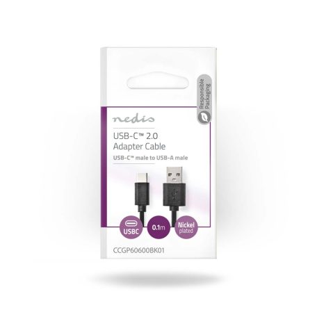USB kábel | USB 2.0 | USB-A Dugasz | USB-C™ Dugasz | 15 W | 480 Mbps | Nikkelezett | 0.10 m | Kerek | PVC | Fekete | Boríték