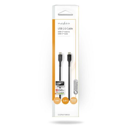 USB kábel | USB 2.0 | USB-C™ Dugasz | USB-C™ Dugasz | 240 W | 480 Mbps | Nikkelezett | 2.00 m | Kerek | PVC | Fekete | Boríték