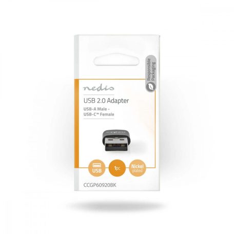 USB-A Adapter | USB 2.0 | USB-A Dugasz | USB-C™ Aljzat | 480 Mbps | Kerek | Nikkelezett | Fekete | Boríték