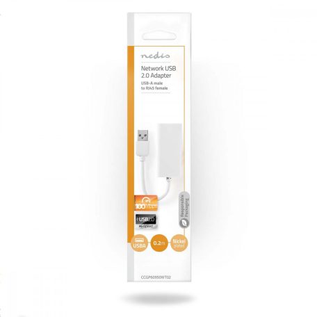 USB hálózati adapter | USB 2.0 | 100 Mbps | USB-A Dugasz | RJ45 Aljzat | 0.20 m | Kerek | Aranyozott | Tiszta Réz | Fehér | Boríték