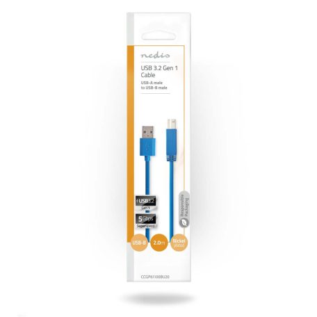 USB kábel | USB 3.2 Gen 1 | USB-A Dugasz | USB-B Dugasz | 5 Gbps | Nikkelezett | 2.00 m | Kerek | PVC | Kék | Boríték