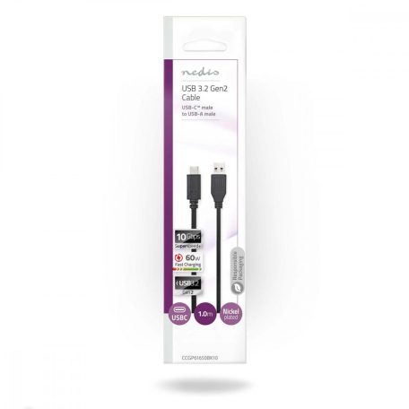 USB kábel | USB 3.2 Gen 2 | USB-A Dugasz | USB-C™ Dugasz | 60 W | 10 Gbps | Nikkelezett | 1.00 m | Kerek | PVC | Fekete | Műanyag Zacskó