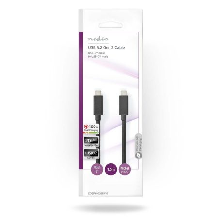 USB kábel | USB 3.2 Gen 2 | USB-C™ Dugasz | USB-C™ Dugasz | 100 W | 4K@60Hz | 20 Gbps | Nikkelezett | 1.00 m | Kerek | PVC | Fekete | Boríték