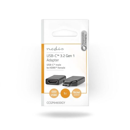 USB-C™ Adapter | USB 3.2 Gen 1 | USB-C™ Dugasz | HDMI™ Kimenet | 4K@60Hz | Kerek | Nikkelezett | Fekete / Szürke | Boríték