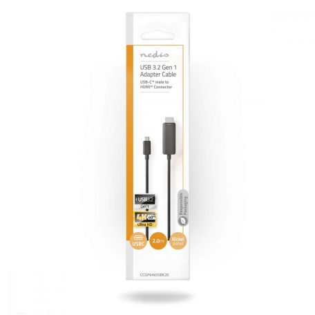 USB-C™ Adapter | USB 3.2 Gen 1 | USB-C™ Dugasz | HDMI™ Csatlakozó | 4K@60Hz | 2.00 m | Kerek | Nikkelezett | PVC | Fekete | Műanyag Zacskó