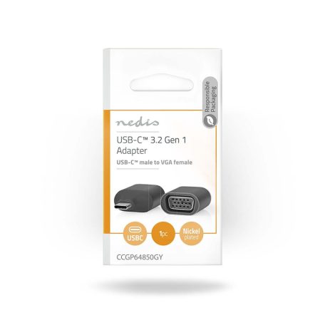 USB-C™ Adapter | USB 3.2 Gen 1 | USB-C™ Dugasz | VGA Aljzat | Full HD 1080p | Kerek | Nikkelezett | Fekete / Szürke | Boríték