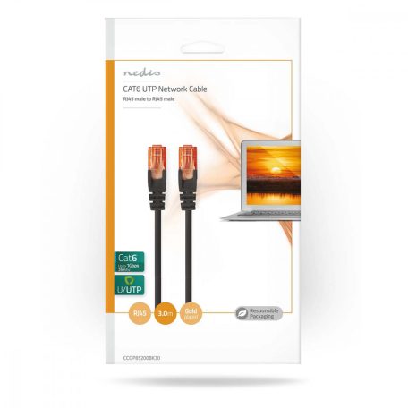 CAT6 hálózati kábel | RJ45 Dugasz | RJ45 Dugasz | U/UTP | 3.00 m | Kerek | PVC | Fekete | Boríték