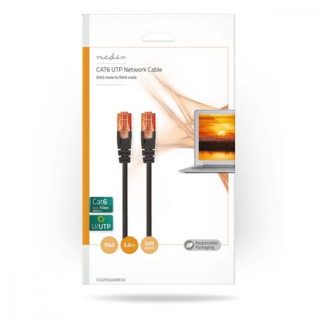 CAT6 hálózati kábel | RJ45 Dugasz | RJ45 Dugasz | U/UTP | 5.00 m | Kerek | PVC | Fekete | Boríték