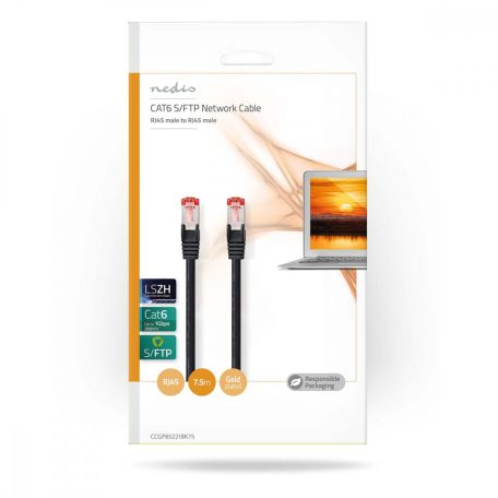 CAT6 hálózati kábel | RJ45 Dugasz | RJ45 Dugasz | S/FTP | 7.50 m | Kerek | LSZH | Fekete | Boríték
