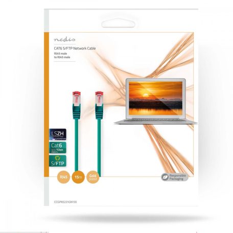 CAT6 hálózati kábel | RJ45 Dugasz | RJ45 Dugasz | S/FTP | 15.0 m | Kerek | LSZH | Zöld | Műanyag Zacskó
