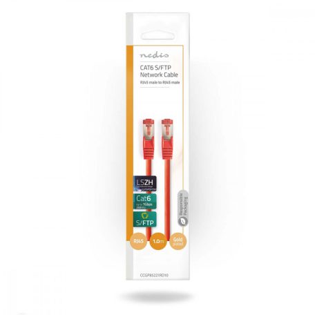 CAT6 hálózati kábel | RJ45 Dugasz | RJ45 Dugasz | S/FTP | 1.00 m | Kerek | LSZH | Piros | Műanyag Zacskó
