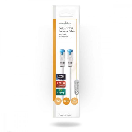 CAT6a hálózati kábel | S/FTP | RJ45 Dugasz | RJ45 Dugasz | 0.25 m | Snagless | Kerek | LSZH | Szürke | Műanyag Zacskó