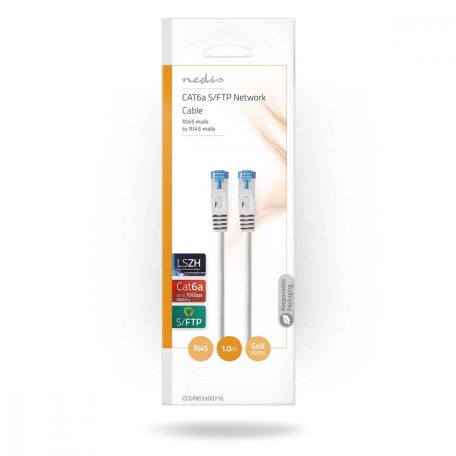 CAT6a hálózati kábel | S/FTP | RJ45 Dugasz | RJ45 Dugasz | 1.00 m | Snagless | Kerek | LSZH | Szürke | Boríték