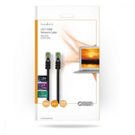 CAT7 hálózati kábel | S/FTP | RJ45 Dugasz | RJ45 Dugasz | 2.00 m | Snagless | Kerek | LSZH | Fekete | Boríték