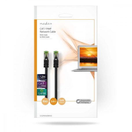 CAT7 hálózati kábel | S/FTP | RJ45 Dugasz | RJ45 Dugasz | 3.00 m | Snagless | Kerek | LSZH | Fekete | Boríték