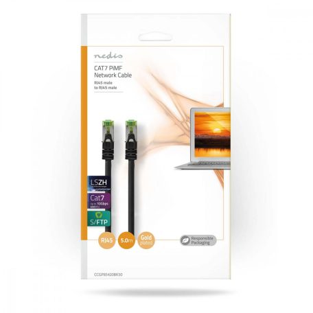 CAT7 hálózati kábel | S/FTP | RJ45 Dugasz | RJ45 Dugasz | 5.00 m | Snagless | Kerek | LSZH | Fekete | Boríték
