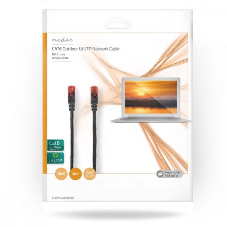 CAT6 hálózati kábel | RJ45 Dugasz | RJ45 Dugasz | U/UTP | 30.0 m | Kültéri | Kerek | PE | Fekete | Boríték