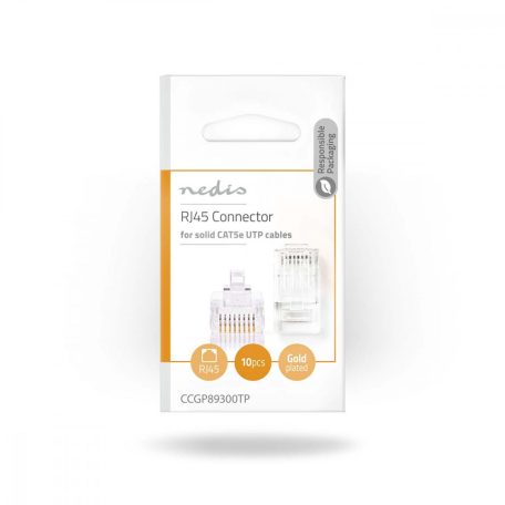 RJ45 csatlakozó | Dugasz | Tömör UTP Vezetékhez CAT5 | Egyenes | Aranyozott | 10 db | PVC | Átlátszó | Boríték