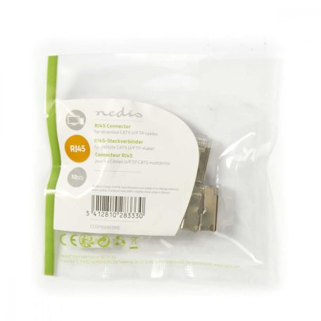 RJ45 csatlakozó | Dugasz | Sodrott STP CAT5 | Egyenes | Aranyozott | 10 db | PVC | Átlátszó | Műanyag Zacskó