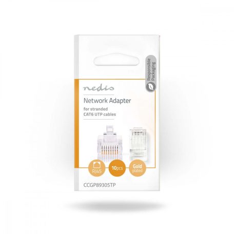 RJ45 csatlakozó | Dugasz | Sodrott UTP Vezetékekhez CAT6 | Egyenes | Aranyozott | 10 db | PVC | Átlátszó | Boríték