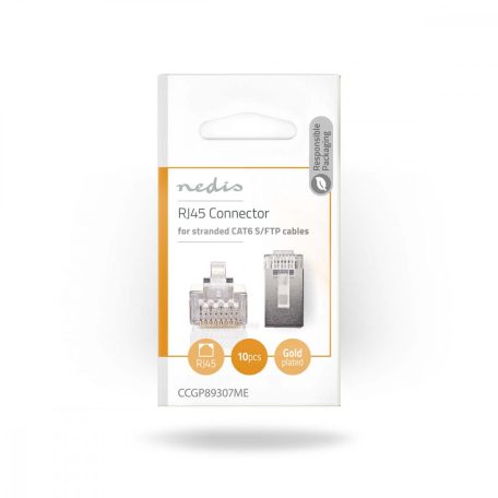 RJ45 csatlakozó | Dugasz | Sodrott STP CAT6 | Egyenes | Aranyozott | 10 db | PVC | Átlátszó | Műanyag Zacskó