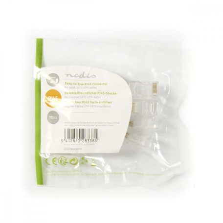 RJ45 csatlakozó | RJ45 Pass Through | Tömör UTP Vezetékhez CAT5 | Egyenes | Aranyozott | 10 db | PVC | Átlátszó | Műanyag Zacskó