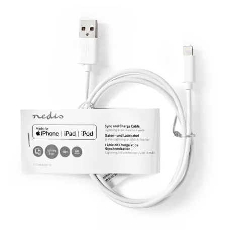 Lightning Kábel | USB 2.0 | Apple Lightning, 8 Pólusú | USB-A Dugasz | 480 Mbps | Nikkelezett | 1.00 m | Kerek | PVC | Fehér | Papírfüles