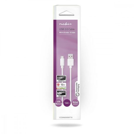 USB kábel | USB 2.0 | USB-A Dugasz | USB Micro-B Dugasz | 12 W | 480 Mbps | Nikkelezett | 1.00 m | Kerek | PVC | Fehér | Doboz