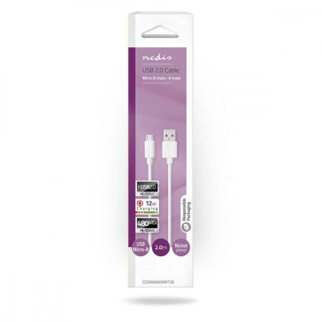USB kábel | USB 2.0 | USB-A Dugasz | USB Micro-B Dugasz | 12 W | 480 Mbps | Nikkelezett | 2.00 m | Kerek | PVC | Fehér | Doboz