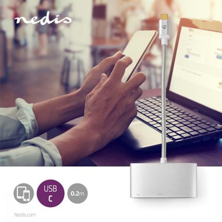 USB Többportos Adapter | USB 3.2 Gen 1 | USB-C™ Dugasz | HDMI™ Kimenet / USB-A Aljzat / USB-C™ Aljzat | 5 Gbps | 0.20 m | Kerek | Aranyozott | Márkás / Nejlon Tok | Ezüst | Ablakos Fedő Doboz