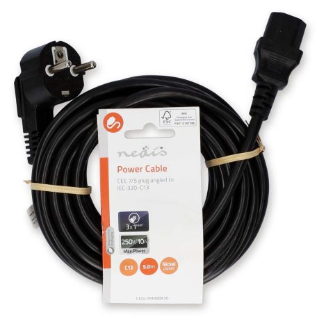 Tápkábel | Földelt Csatlakozó Dugó | IEC-320-C13 | Szögben | Egyenes | Nikkelezett | 5.00 m | Kerek | PVC | Fekete | Label