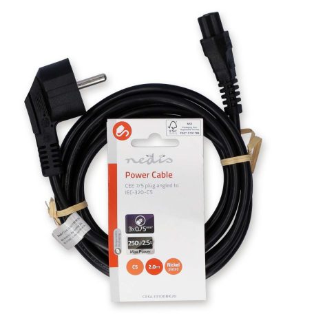 Tápkábel | Földelt Csatlakozó Dugó | IEC-320-C5 | Szögben | Egyenes | Nikkelezett | 2.00 m | Kerek | PVC | Fekete | Label