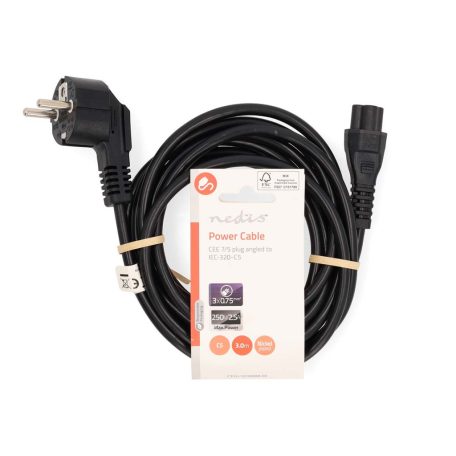 Tápkábel | Földelt Csatlakozó Dugó | IEC-320-C5 | Szögben | Egyenes | Nikkelezett | 3.00 m | Kerek | PVC | Fekete | Label