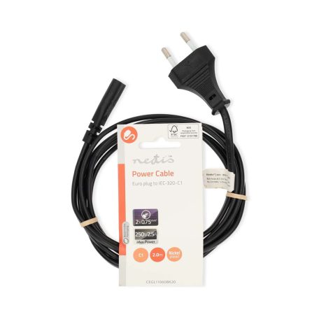 Tápkábel | Euro Férfi | IEC-320-C1 | Egyenes | Egyenes | Nikkelezett | 2.00 m | Kerek | ABS/PVC | Fekete | Label