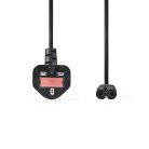 UK tápkábe | Angol Dugasz | IEC-320-C7 | 2.00 m | igen | 2 x 0.75 mm² | Réz | Kerek | Nikkelezett | Egyesült Királyság | PVC | Dugasz: Angol / G típus | 250 V AC | 3 A | Fekete