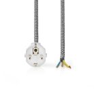 Tápkábel | Földelt Csatlakozó Dugó | Open | Egyenes | Egyenes | Nikkelezett | 3.00 m | Kerek | Pamut | Fehér / Fekete | Label