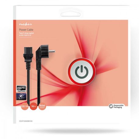 Tápkábel | Földelt Csatlakozó Dugó | IEC-320-C13 | Szögben | Egyenes | Nikkelezett | 10.0 m | Kerek | PVC | Fekete | Boríték