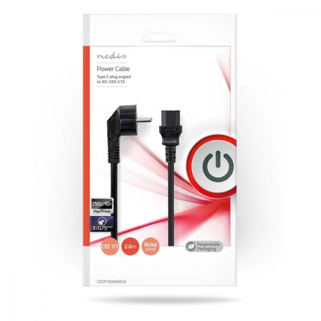 Tápkábel | Földelt Csatlakozó Dugó | IEC-320-C13 | Szögben | Egyenes | Nikkelezett | 2.00 m | Kerek | PVC | Fekete | Boríték