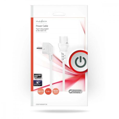 Tápkábel | Földelt Csatlakozó Dugó | IEC-320-C13 | Szögben | Egyenes | Nikkelezett | 2.00 m | Kerek | PVC | Fehér | Boríték