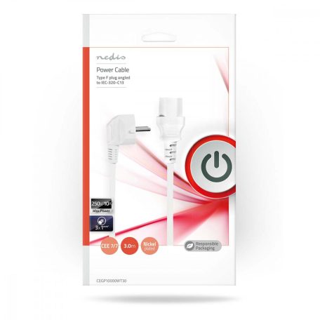 Tápkábel | Földelt Csatlakozó Dugó | IEC-320-C13 | Szögben | Egyenes | Nikkelezett | 3.00 m | Kerek | PVC | Fehér | Műanyag Zacskó