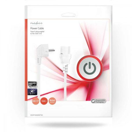 Tápkábel | Földelt Csatlakozó Dugó | IEC-320-C13 | Szögben | Egyenes | Nikkelezett | 5.00 m | Kerek | PVC | Fehér | Műanyag Zacskó