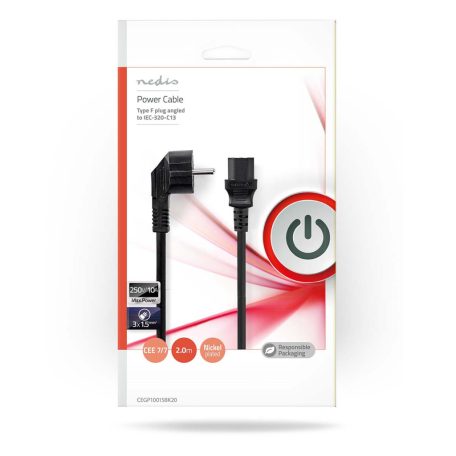 Tápkábel | Földelt Csatlakozó Dugó | IEC-320-C13 | Szögben | Egyenes | Nikkelezett | 2.00 m | Kerek | PVC | Fekete | Boríték