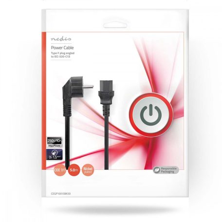 Tápkábel | Földelt Csatlakozó Dugó | IEC-320-C13 | Szögben | Egyenes | Nikkelezett | 5.00 m | Kerek | PVC | Fekete | Boríték