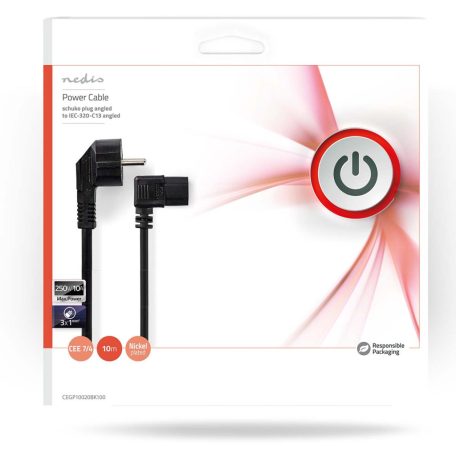 Tápkábel | Földelt Csatlakozó Dugó | IEC-320-C13 | Szögben | Szögben | Nikkelezett | 10.0 m | Kerek | PVC | Fekete | Boríték